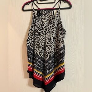 Iz Byer Leopard Print Top with Red and Yellow Accents